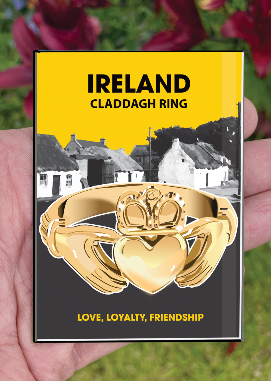 Galway Postcard or A4 Mounted Print or Fridge Magnet - Claddagh Ring with QR CODE Link