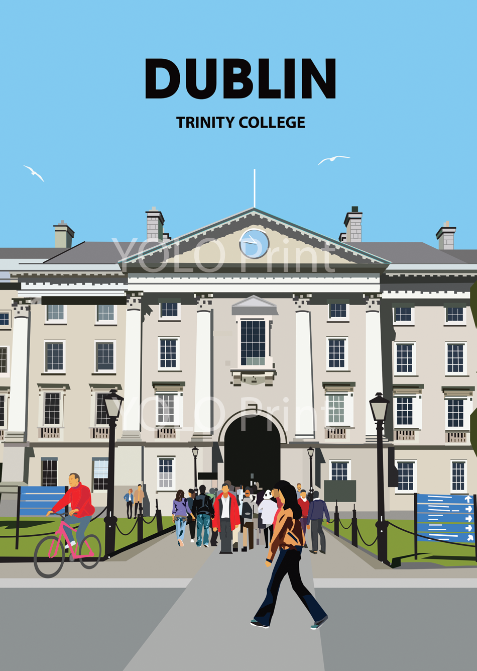 Dublin Postcard or A4 Mounted Print or Fridge Magnet - Trinity College Front